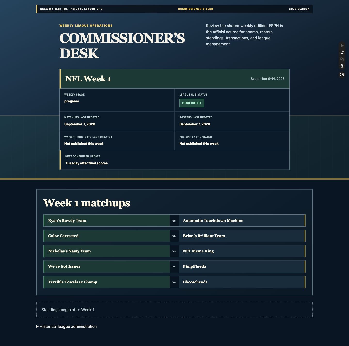 Commissioner's Desk operations view with weekly status and matchup reviews